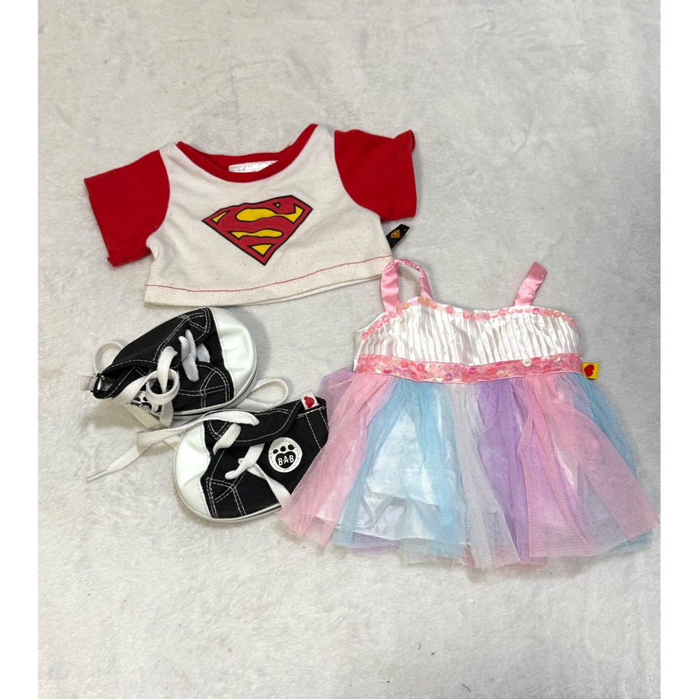 Build-A-Bear Superman Shirt Rainbow Tutu Dress Black High Top Sneakers Lot